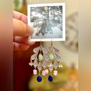 Anthropologie Silver and Green Chandelier Earrings Nature-Inspired Design